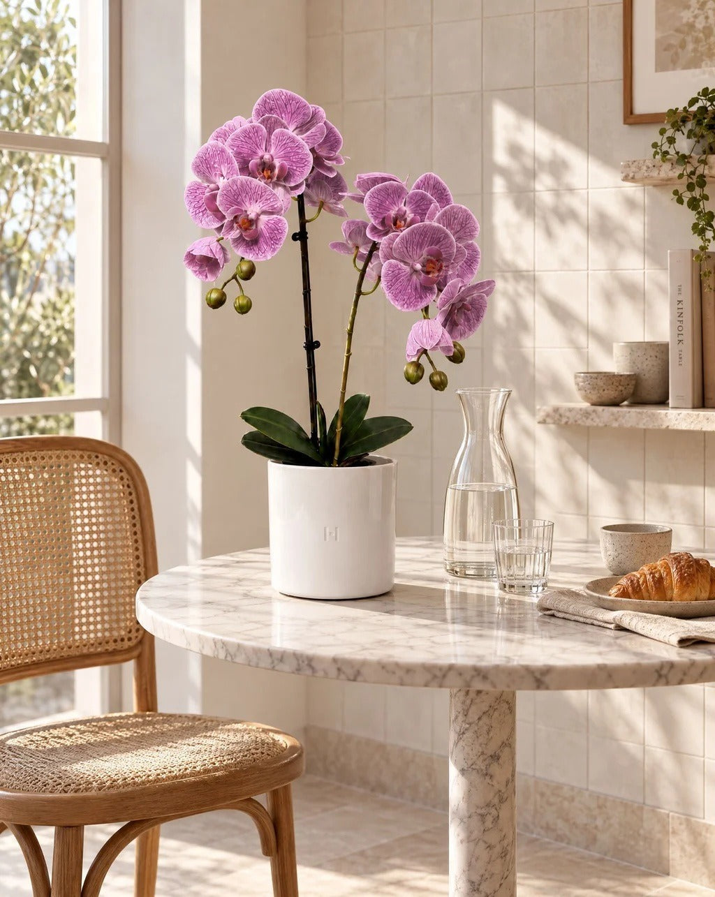 Orchidee rose artificielle HOPER sur une table de petit dejeuner, lifestyle HOPER #Taille_65cm