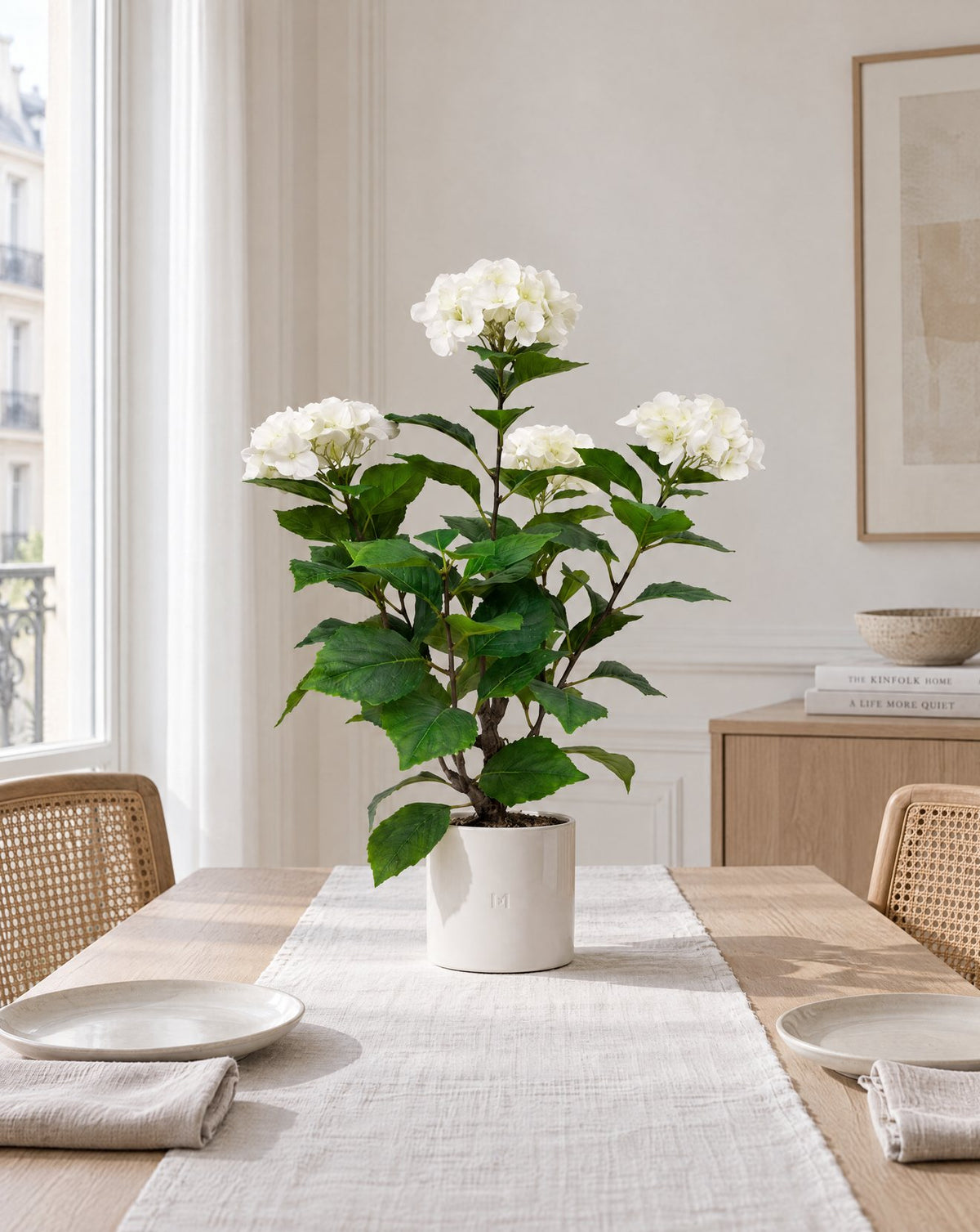 HOPER white artificial hydrangea on a table, lifestyle HOPER #Size_70cm