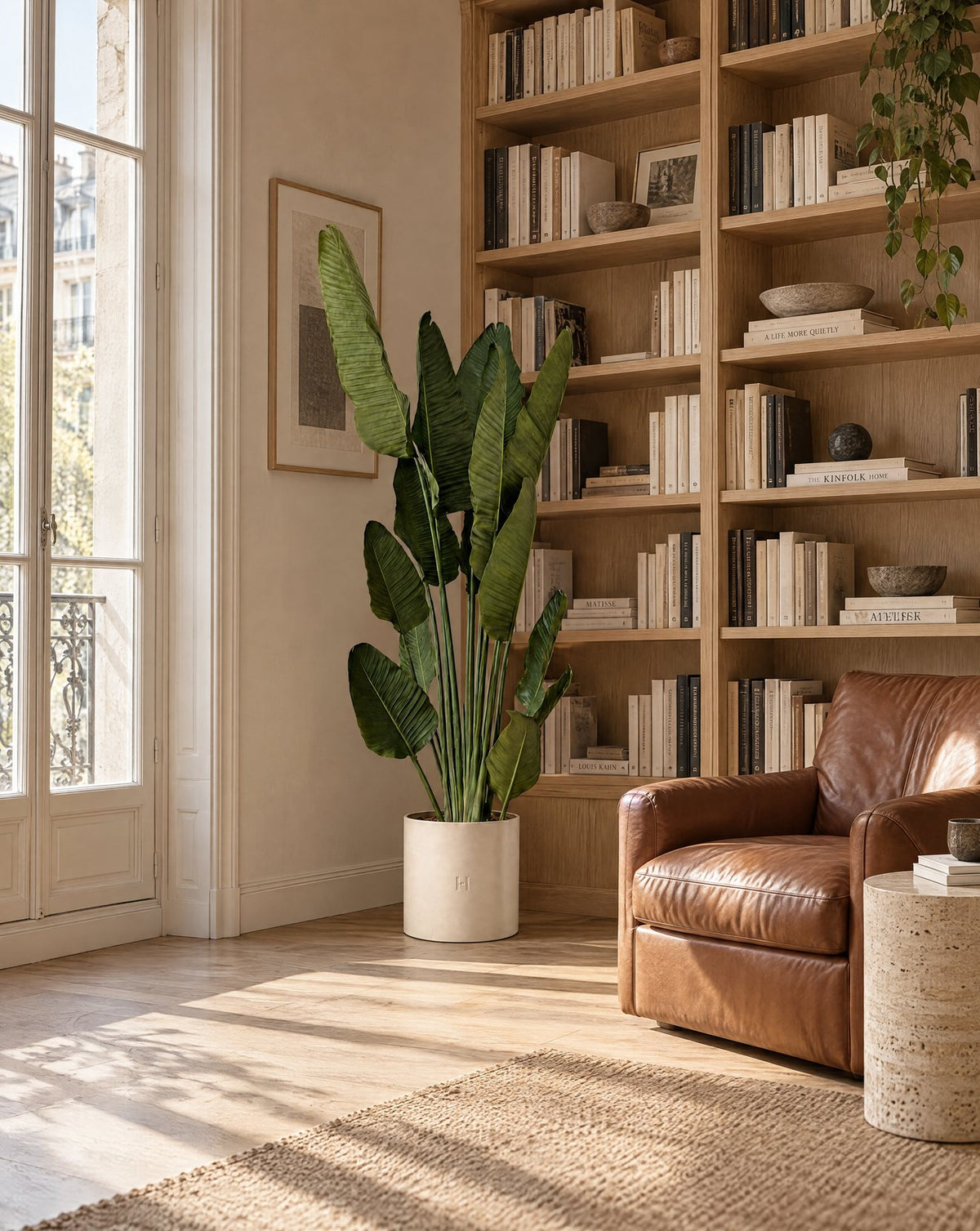 Strelitzia artificiel HOPER devant une bibliothèque, lifestyle HOPER